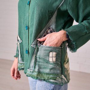 Linen women's jacket made of 100 washed linen with applique and bow.Original lin